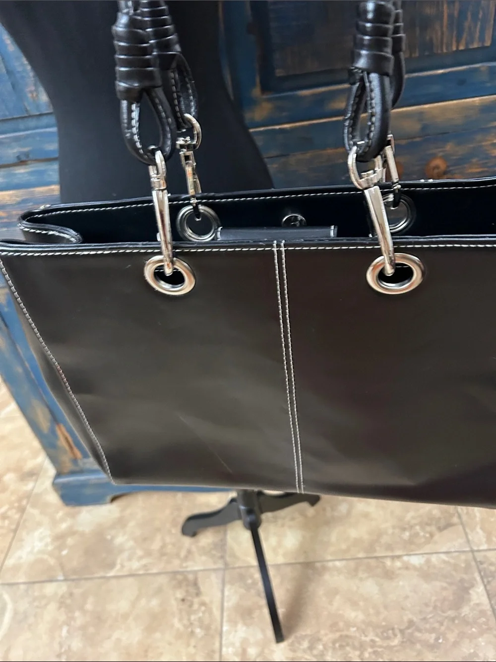 Wilsons Leather Black Leather Tote with Contrast Stitching